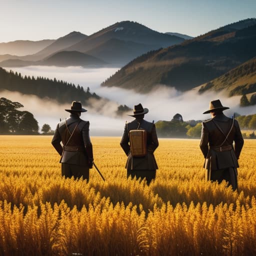  three village men dreaming about gold and diamond in the field hyperrealistic, full body, detailed clothing, highly detailed, cinematic lighting, stunningly beautiful, intricate, sharp focus, f/1. 8, 85mm, (centered image composition), (professionally color graded), ((bright soft diffused light)), volumetric fog, trending on instagram, trending on tumblr, HDR 4K, 8K