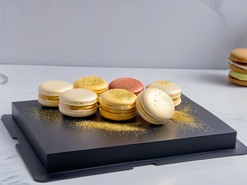  An image of a single, perfectly crafted, delicate rosewater macaron with a shimmering gold dust finish, placed on a sleek, matte black plate against a stark white backdrop. The macaron is exquisitely detailed, showcasing a symmetrical shell with a smooth, glossy surface, reflecting the surrounding light. Each petallike ridge is precisely defined, hinting at the airy, meltinyourmouth texture within. The gold dust catches the light, adding a touch of luxury and sophistication to this minimalist dessert masterpiece. hyperrealistic, full body, detailed clothing, highly detailed, cinematic lighting, stunningly beautiful, intricate, sharp focus, f/1. 8, 85mm, (centered image composition), (professionally color graded), ((bright soft diffused light)), volumetric fog, trending on instagram, trending on tumblr, HDR 4K, 8K