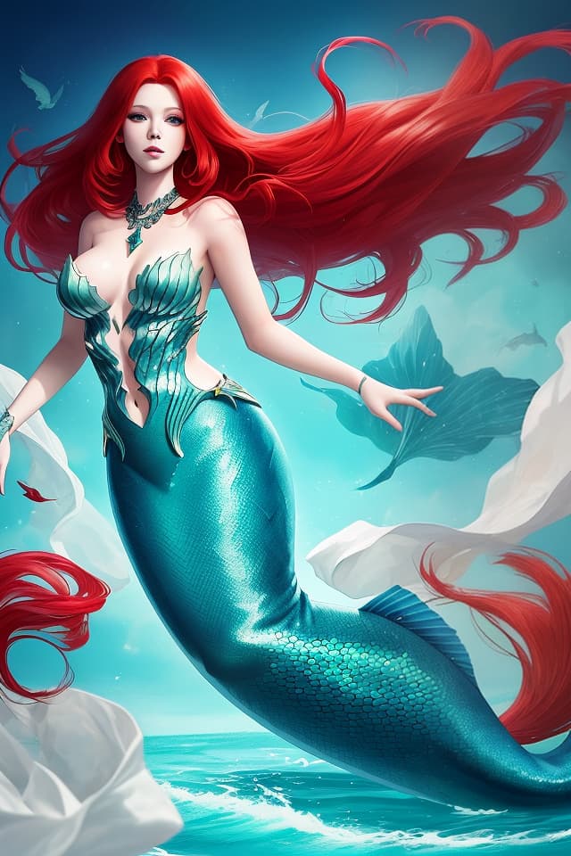  Red hair, long hair, beautiful , big s, mermaid, fantasy