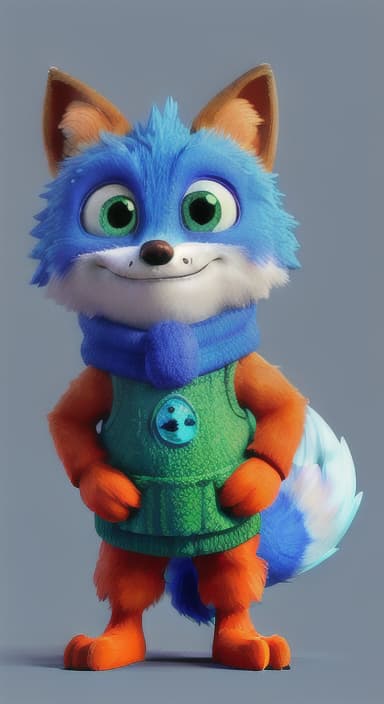  {Error the fox pressing the blue button with his paw, looking puzzled as nothing occurs., Error is a small, bright orange fox with a fluffy tail and big, inquisitive eyes. He has a mischievous yet kind expression and wears a tiny green scarf.