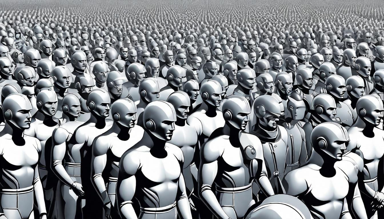  retro futuristic Crowd of identical gray figures blending into one another, same posture, indistinct faces, Monochrome scene, conformity emphasized lvintage sci fi, 50s and 60s style, atomic age, vibrant, highly detailed