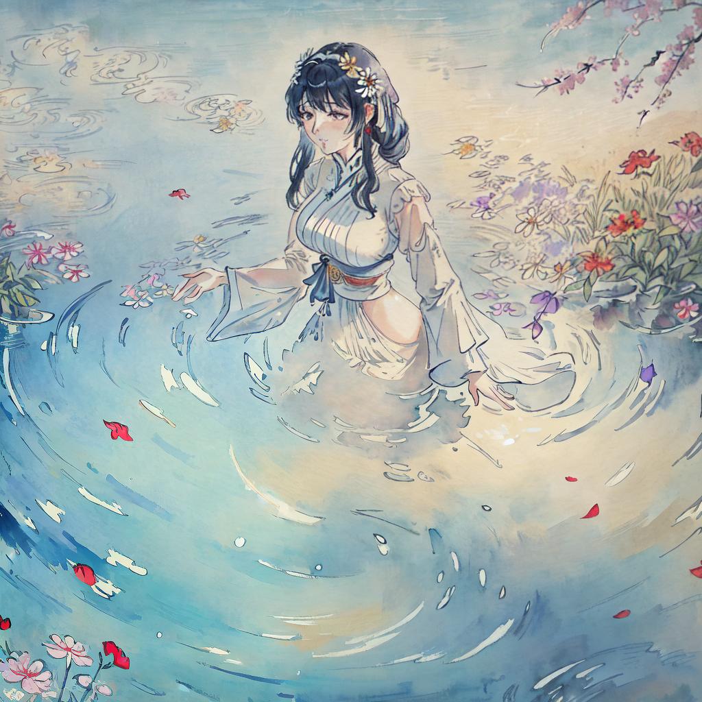  ((Masterpiece)),(((best quality))), 8k, high detailed, ultra-detailed, an exquisite depiction of a woman immersed in water, painted in a realistic watercolor style, showcasing the (reflections of vibrant flowers), (rippling waves), and the (playful interaction of light and shadow) on her serene face hyperrealistic, full body, detailed clothing, highly detailed, cinematic lighting, stunningly beautiful, intricate, sharp focus, f/1. 8, 85mm, (centered image composition), (professionally color graded), ((bright soft diffused light)), volumetric fog, trending on instagram, trending on tumblr, HDR 4K, 8K