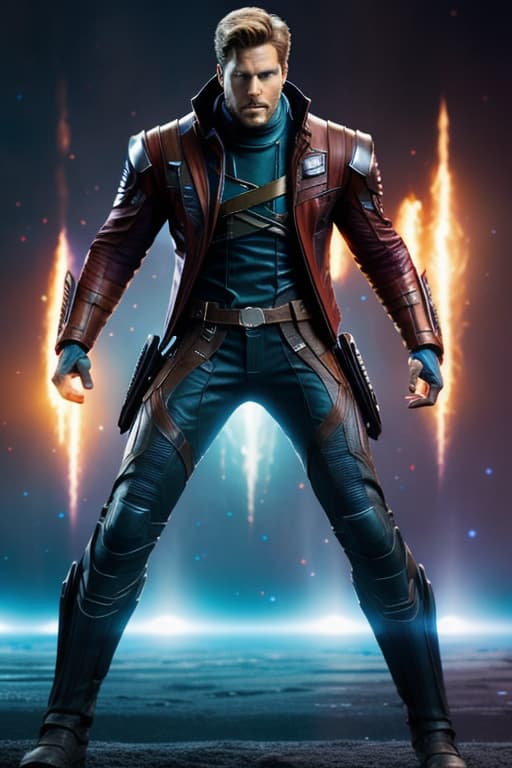  Guardians of the Galaxy, Star Lord hyperrealistic, full body, detailed clothing, highly detailed, cinematic lighting, stunningly beautiful, intricate, sharp focus, f/1. 8, 85mm, (centered image composition), (professionally color graded), ((bright soft diffused light)), volumetric fog, trending on instagram, trending on tumblr, HDR 4K, 8K