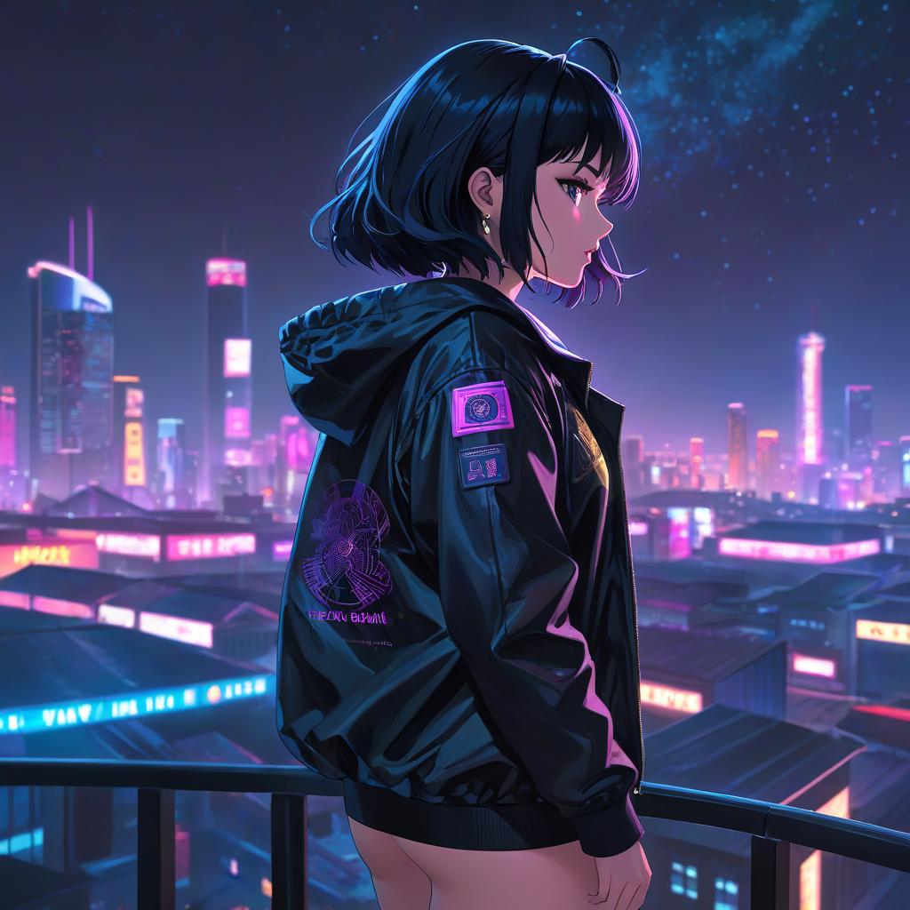  a wearing no , black hair, cyberpunk, neon, night sky in background, doki doki literature club, 24k, looking towards the horizon, vhs overlay, by Ye Xin, poggers, 20k, y hyperrealistic, full body, detailed clothing, highly detailed, cinematic lighting, stunningly beautiful, intricate, sharp focus, f/1. 8, 85mm, (centered image composition), (professionally color graded), ((bright soft diffused light)), volumetric fog, trending on instagram, trending on tumblr, HDR 4K, 8K