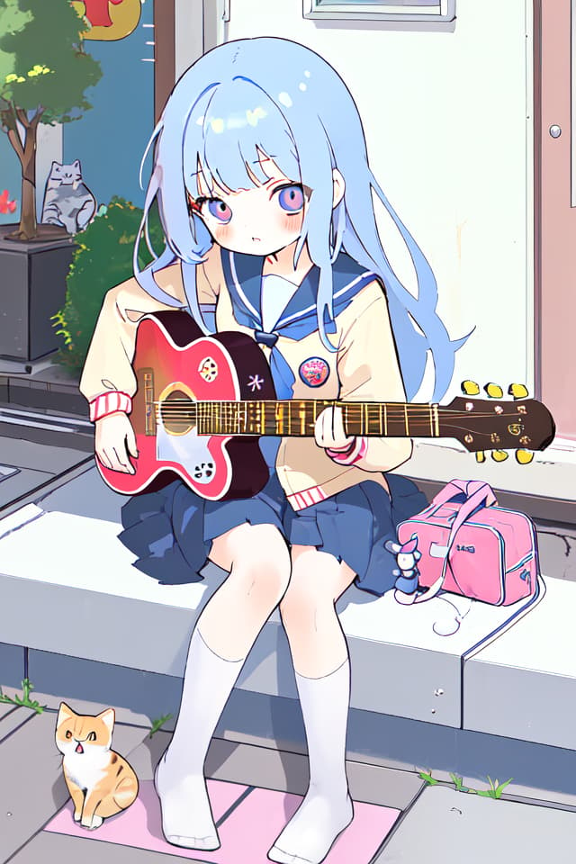  High school girl, mini character, cute, electric guitar, long hair, uniform, sitting, cats, sitting on the ground, sailor suit