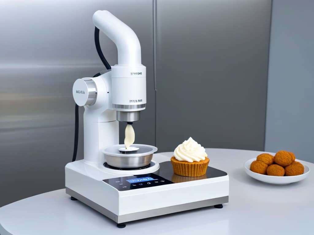  A closeup, highresolution image of a sleek, modern multifunctional kitchen robot specifically designed for baking and pastry making. The machine is set on a clean, minimalist countertop, with soft natural light illuminating its smooth, stainless steel surfaces. The focus is on the intricate digital display showing various baking settings and a mixing bowl filled with perfectly whipped cream. The scene conveys a sense of precision, innovation, and professional artistry in the realm of pastry creation. hyperrealistic, full body, detailed clothing, highly detailed, cinematic lighting, stunningly beautiful, intricate, sharp focus, f/1. 8, 85mm, (centered image composition), (professionally color graded), ((bright soft diffused light)), volumetric fog, trending on instagram, trending on tumblr, HDR 4K, 8K