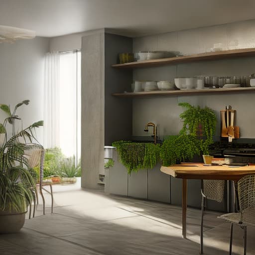 redshift style meditaraneam style kitchen with lots of plants on the floor, counter and hanging from the ceiling