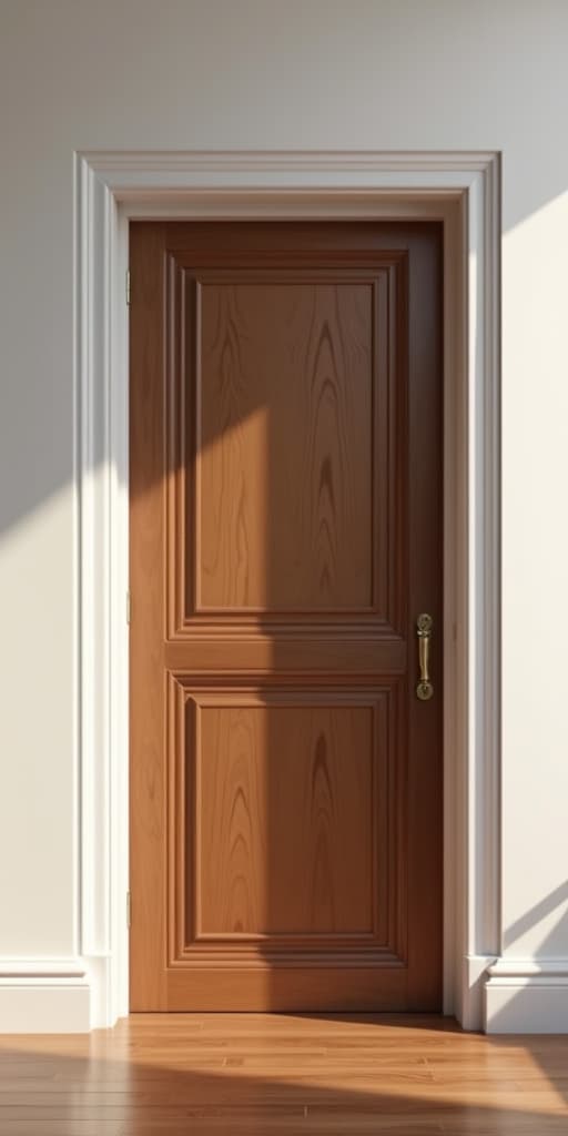  good quality, high quality, an elegant brown wooden door set against pure white walls in a minimalist interior with hardwood flooring, highlighted by soft ambient lighting and architectural details