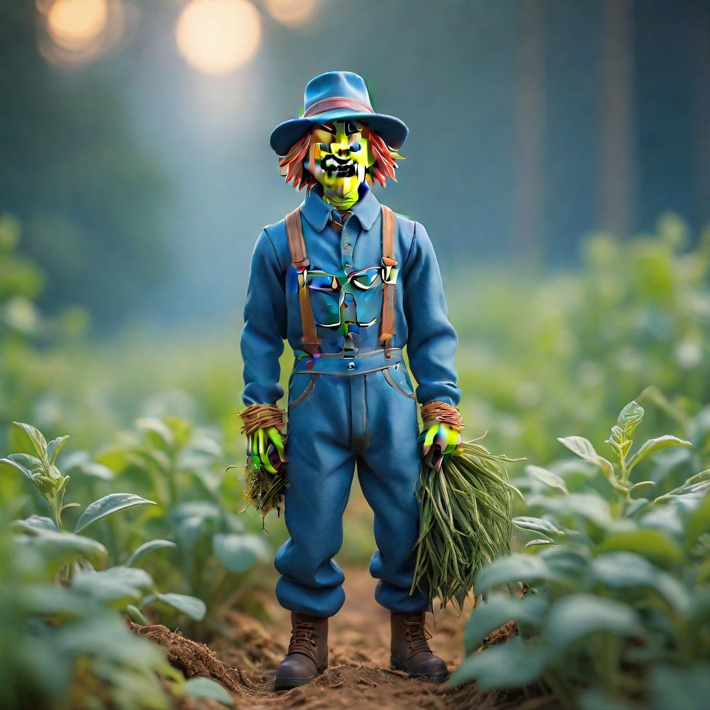  tilt shift photo of A scarecrow, a bundled figure in a dungaree suit of blue, wearing a pointed blue hat. . Selective focus, miniature effect, blurred background, highly detailed, vibrant, perspective control hyperrealistic, full body, detailed clothing, highly detailed, cinematic lighting, stunningly beautiful, intricate, sharp focus, f/1. 8, 85mm, (centered image composition), (professionally color graded), ((bright soft diffused light)), volumetric fog, trending on instagram, trending on tumblr, HDR 4K, 8K