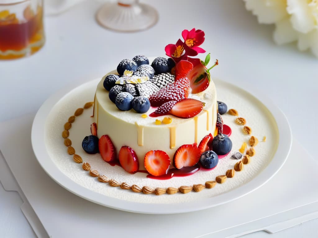  A closeup, ultradetailed image of a perfectly plated dessert showcasing a unique flavor combination, with intricate layers of sponge cake, creamy filling, and a drizzle of colorful fruit coulis elegantly arranged on a white porcelain plate. The dessert is garnished with delicate edible flowers and dusted with a fine sprinkling of gold leaf, creating a visually stunning and sophisticated presentation that embodies the art of flavor pairing in pastry. hyperrealistic, full body, detailed clothing, highly detailed, cinematic lighting, stunningly beautiful, intricate, sharp focus, f/1. 8, 85mm, (centered image composition), (professionally color graded), ((bright soft diffused light)), volumetric fog, trending on instagram, trending on tumblr, HDR 4K, 8K