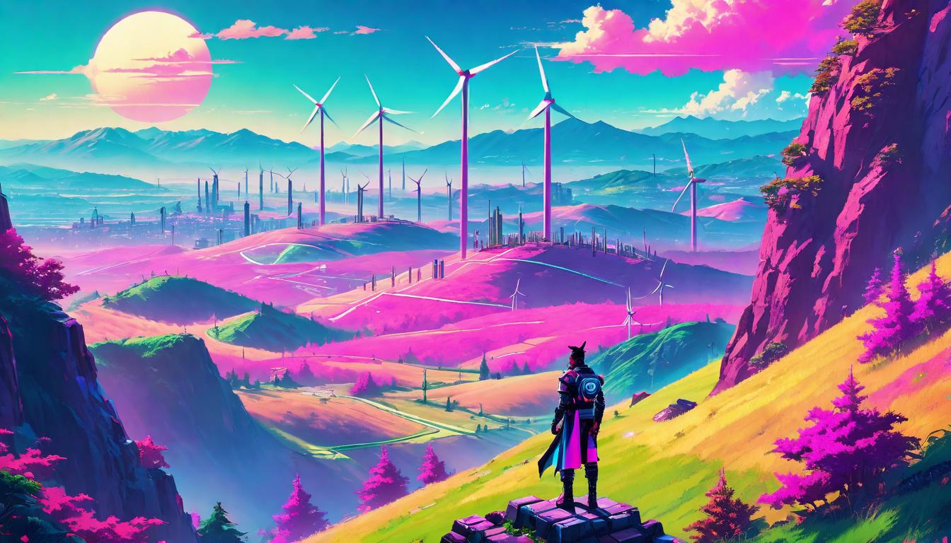  vaporwave,cyberpunk game style A single, determined individual standing confidently on a hilltop, overlooking a verdant valley below, with wind turbines in the distance, embodying commitment to environmental stewardship, determination, visionaryeon, dystopian, futuristic, digital, vibrant, detailed, high contrast, reminiscent of cyberpunk genre video games,retro aesthetic, cyberpunk, vibrant, neon colors, vintage 80s and 90s style, highly detailed