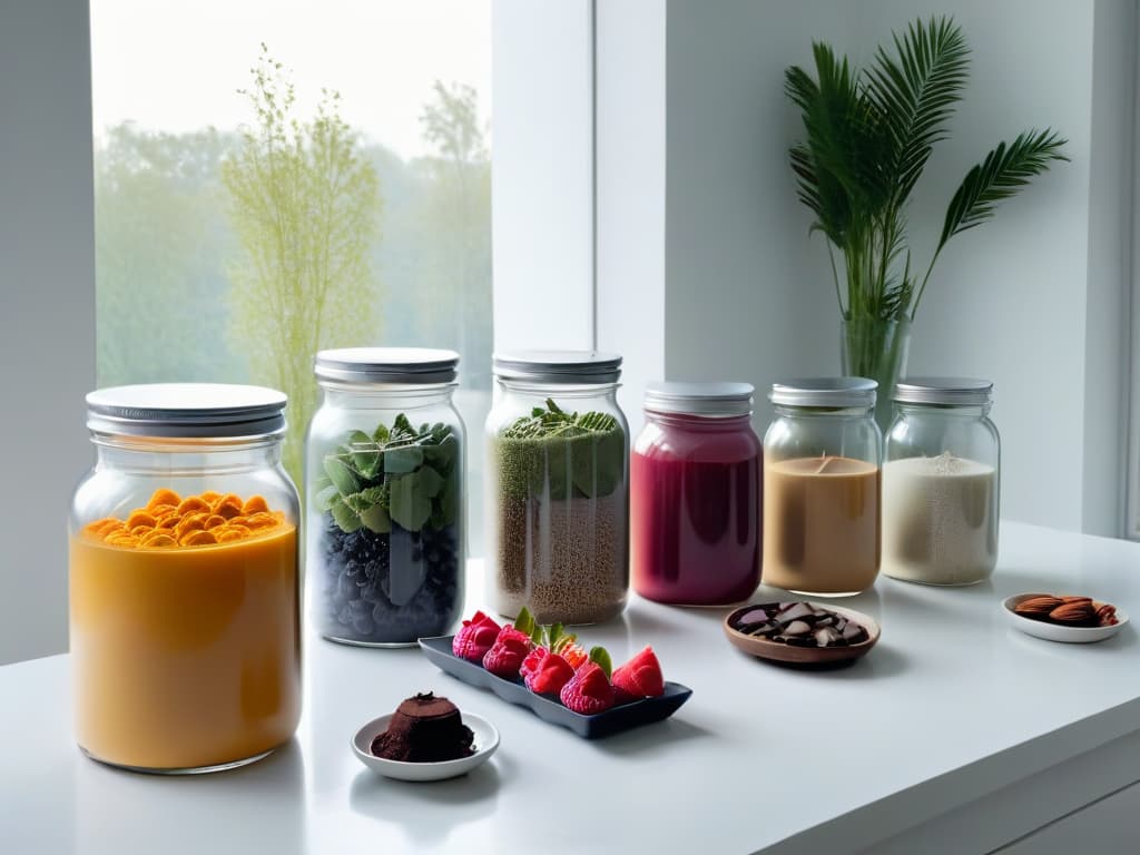  A minimalistic and highly detailed image of a sleek, modern kitchen countertop with a variety of dairyfree ingredients neatly arranged in stylish glass jars and bowls. The soft natural light filtering through a nearby window highlights the textures of coconut milk, almond flour, vegan dark chocolate, and fresh berries, creating an elegant and inviting atmosphere perfect for creating lactosefree sweet treats. hyperrealistic, full body, detailed clothing, highly detailed, cinematic lighting, stunningly beautiful, intricate, sharp focus, f/1. 8, 85mm, (centered image composition), (professionally color graded), ((bright soft diffused light)), volumetric fog, trending on instagram, trending on tumblr, HDR 4K, 8K