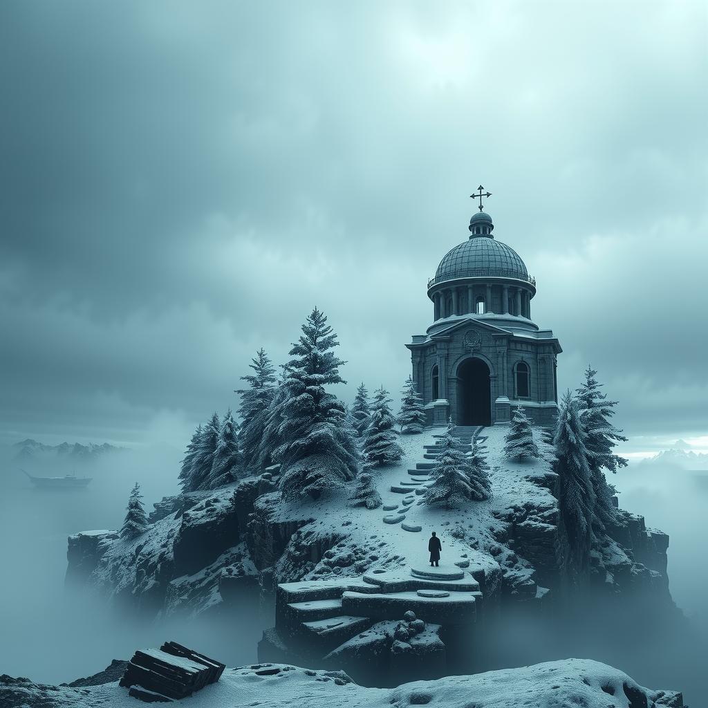  snowy arctic island covered in pine forests just above a stormy sea, the island looms 150 feet over the water in icy, treacherous cliffs, gothic mausoleum stands on the northern end of the island, haunting, 1990s ravenloft art ar 16:9 hyperrealistic, full body, detailed clothing, highly detailed, cinematic lighting, stunningly beautiful, intricate, sharp focus, f/1. 8, 85mm, (centered image composition), (professionally color graded), ((bright soft diffused light)), volumetric fog, trending on instagram, trending on tumblr, HDR 4K, 8K