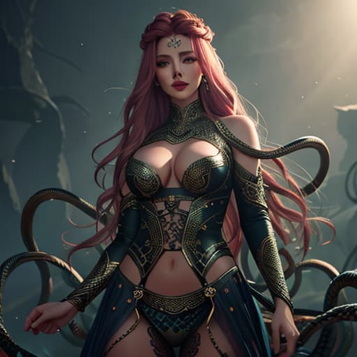  Realistic medusa with snakes hyperrealistic, full body, detailed clothing, highly detailed, cinematic lighting, stunningly beautiful, intricate, sharp focus, f/1. 8, 85mm, (centered image composition), (professionally color graded), ((bright soft diffused light)), volumetric fog, trending on instagram, trending on tumblr, HDR 4K, 8K