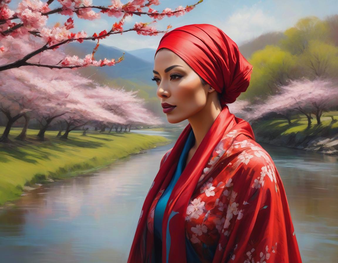  abstract expressionist painting A digital art portrait of a woman with a red headscarf, cherry blossoms in her hair, and serene landscape in the background. . energetic brushwork, bold colors, abstract forms, expressive, emotional hyperrealistic, full body, detailed clothing, highly detailed, cinematic lighting, stunningly beautiful, intricate, sharp focus, f/1. 8, 85mm, (centered image composition), (professionally color graded), ((bright soft diffused light)), volumetric fog, trending on instagram, trending on tumblr, HDR 4K, 8K