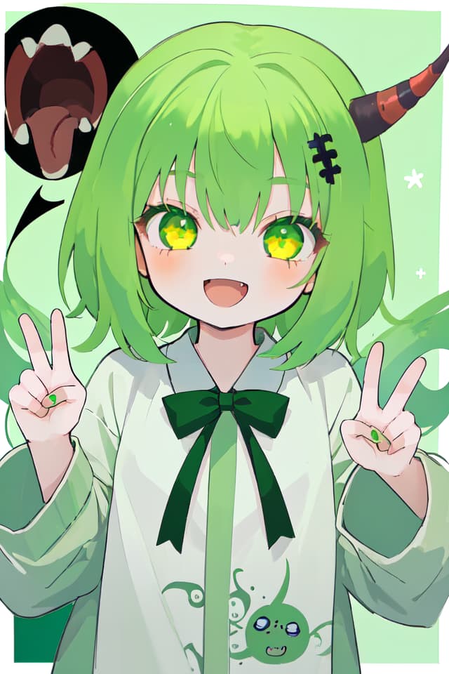  1girl,masterpiece,best quality,evil smile,open mouth,fang,oni horn,green hair