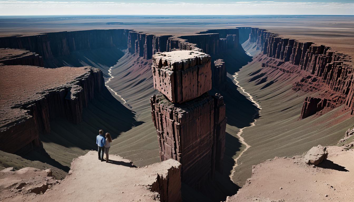  digital illustration, Lucas and Elise standing on either side of a widening chasm, reaching out but unable to connect, desolate landscape, sense of separation, emotional distance, looking at viewer, dynamic pose, (intricate details, masterpiece, best quality)