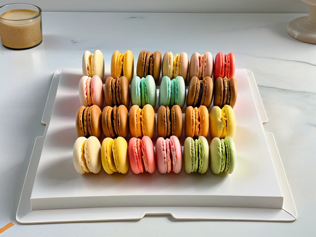  An ultradetailed, minimalist image of a symmetrical array of colorful macarons placed delicately on a marble countertop. Each macaron is perfectly formed, displaying a glossy sheen and a variety of pastel hues. The arrangement is meticulously organized, creating a visually stunning and harmonious composition that exudes elegance and precision. The soft, natural lighting casts gentle shadows, enhancing the texture and vibrant colors of the macarons, making them appear almost too perfect to eat. hyperrealistic, full body, detailed clothing, highly detailed, cinematic lighting, stunningly beautiful, intricate, sharp focus, f/1. 8, 85mm, (centered image composition), (professionally color graded), ((bright soft diffused light)), volumetric fog, trending on instagram, trending on tumblr, HDR 4K, 8K