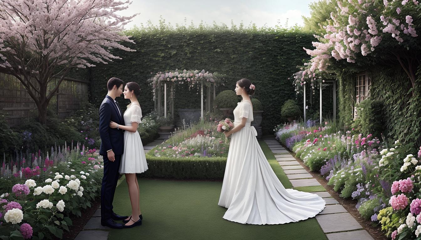  digital illustration, Two people, gender ambiguous, standing side by side, their activities blending together harmoniously, garden full of blooms around them, harmony, strengths alignment, looking at viewer, dynamic pose, (intricate details, masterpiece, best quality)