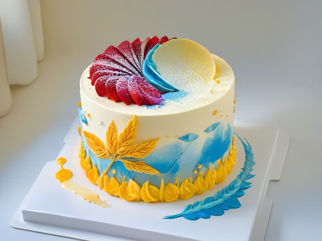  A closeup, photorealistic image of a vibrant, intricately decorated cake with edible paint designs. The cake is covered in detailed brush strokes of various colors, creating a stunning and artistic edible masterpiece. The focus is on the precision and artistry of the edible paintwork, showcasing the beauty and creativity that can be achieved with homemade edible paints on desserts. hyperrealistic, full body, detailed clothing, highly detailed, cinematic lighting, stunningly beautiful, intricate, sharp focus, f/1. 8, 85mm, (centered image composition), (professionally color graded), ((bright soft diffused light)), volumetric fog, trending on instagram, trending on tumblr, HDR 4K, 8K