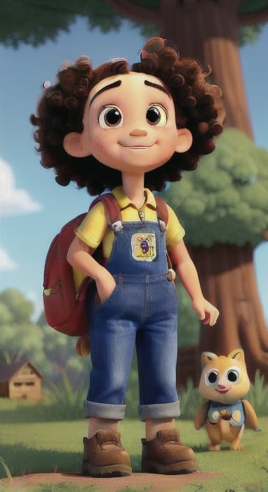  {Riley looking up at the tree with a big smile, animals surrounding them., Riley, a curious with big brown eyes and curly hair, wearing overalls and carrying a small backpack. Their friend, Skye, a bluebird with shiny feathers.