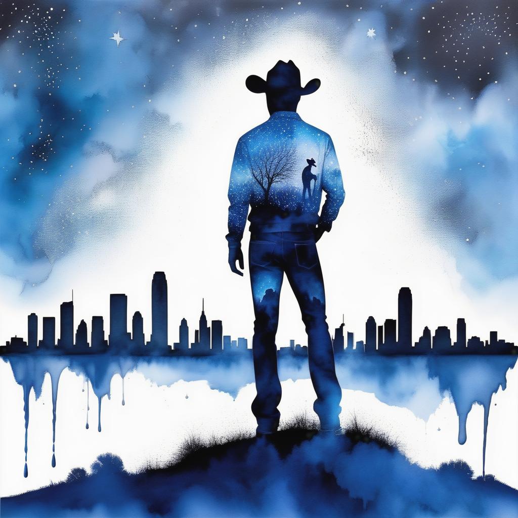  an exquisite ink painting on white paper that\'s the perfect piece of multiple exposure art. This piece should combine the volume-shaded silhouette of a male figure in a cowboy’s cap track pants, (Cowboy’s Jersey), under a starry Dallas skyline night sky,with blue smoke and a splash of paint\". Whole image is in a Quarter Coin look and Embossed just like a Coin.With (Dallas Texas) going around the face on the coin., Spelling is Precise! Navy Blue and Silver Smoke with Barley Visible helmets in the smoke! With white background.