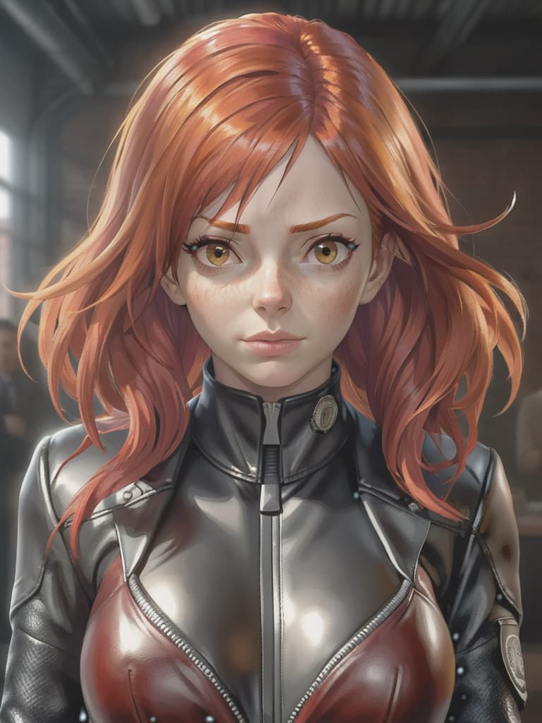  hyperrealistic art A girl with red hair, a special agent in a closed leather suit. . extremely high-resolution details, photographic, realism pushed to extreme, fine texture, incredibly lifelike