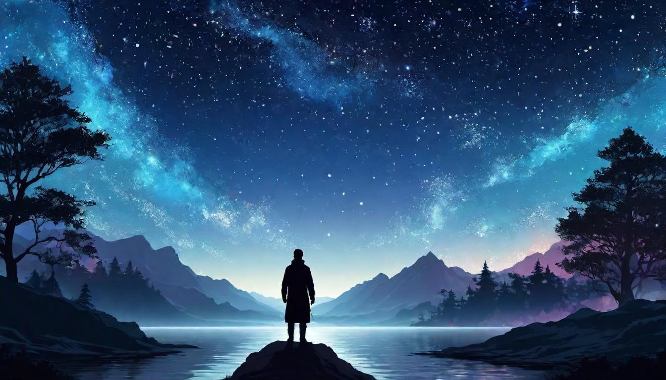  digital illustration, A silhouetted figure standing beneath a vast starry sky, infinite light glowing within, potential unlimited, stars reflecting inner light, majestic universe, inner brilliance mirrored outward, profound connection, looking at viewer, dynamic pose, (intricate details, masterpiece, best quality)