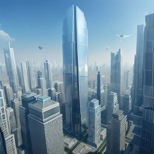  Draw a futuristic city where everyone wears transparent clothing, like a screen. Tall buildings stand, vehicles fly through the air,