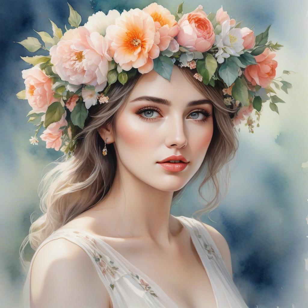  watercolor painting A watercolor painting of a young woman with a floral wreath on her head, featuring soft colors and a dreamy expression. . vibrant, beautiful, painterly, detailed, textural, artistic hyperrealistic, full body, detailed clothing, highly detailed, cinematic lighting, stunningly beautiful, intricate, sharp focus, f/1. 8, 85mm, (centered image composition), (professionally color graded), ((bright soft diffused light)), volumetric fog, trending on instagram, trending on tumblr, HDR 4K, 8K