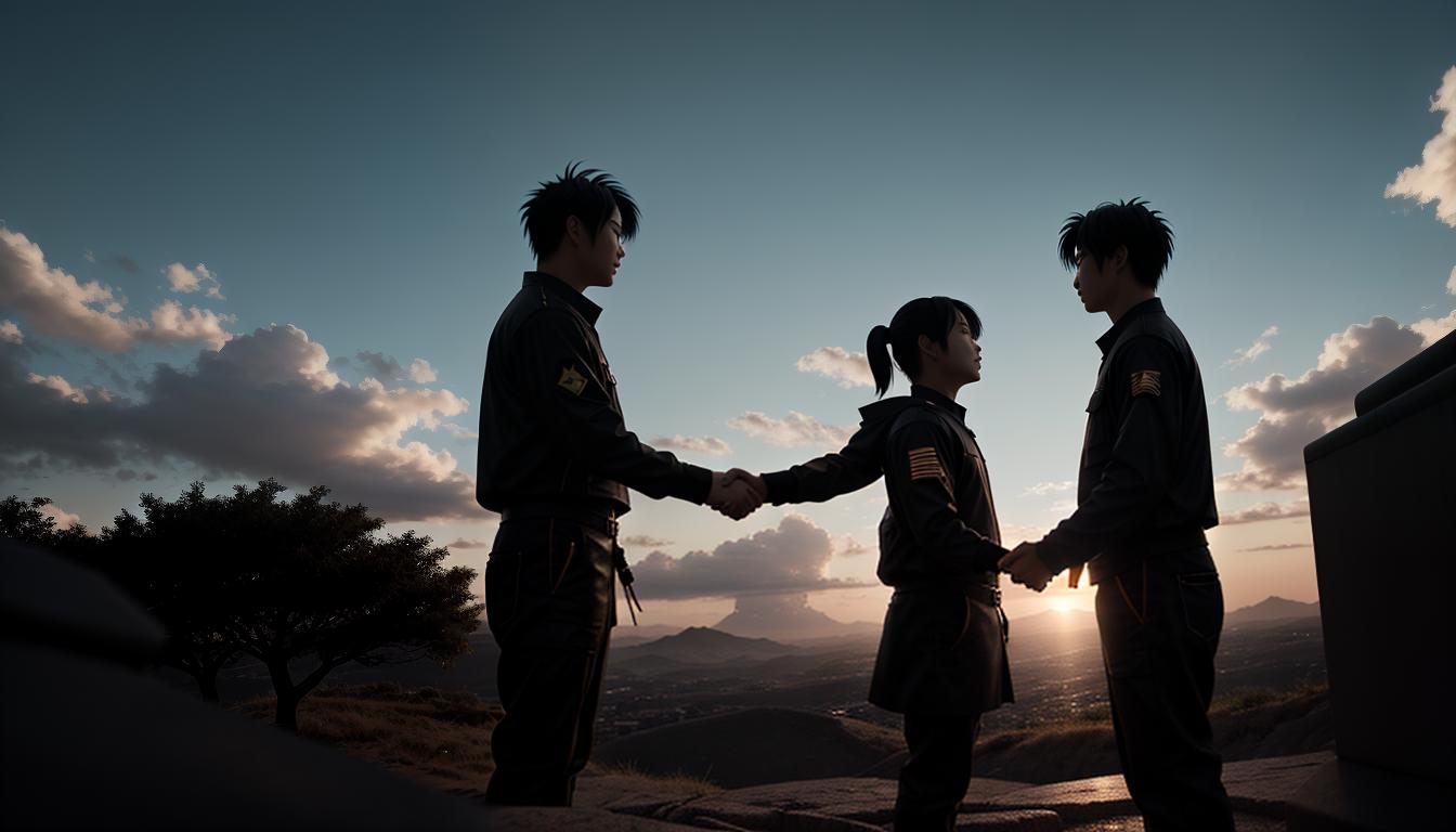  anime aesthetics, cinematic Two professionals shaking hands in a symbolic gesture of mutual respect, vibrant and engaging background. Positive lighting, highlighting professional connections. Anime Aesthetics, intense scenes, nostalgic4k, HDR, lens flare, visually stunning, emotionally evocative