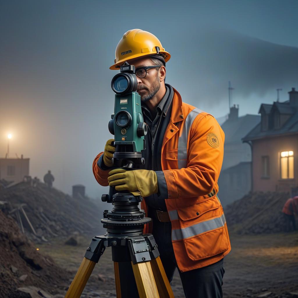  A cadastral engineer looks into a theodolite. Portrait. hyperrealistic, full body, detailed clothing, highly detailed, cinematic lighting, stunningly beautiful, intricate, sharp focus, f/1. 8, 85mm, (centered image composition), (professionally color graded), ((bright soft diffused light)), volumetric fog, trending on instagram, trending on tumblr, HDR 4K, 8K