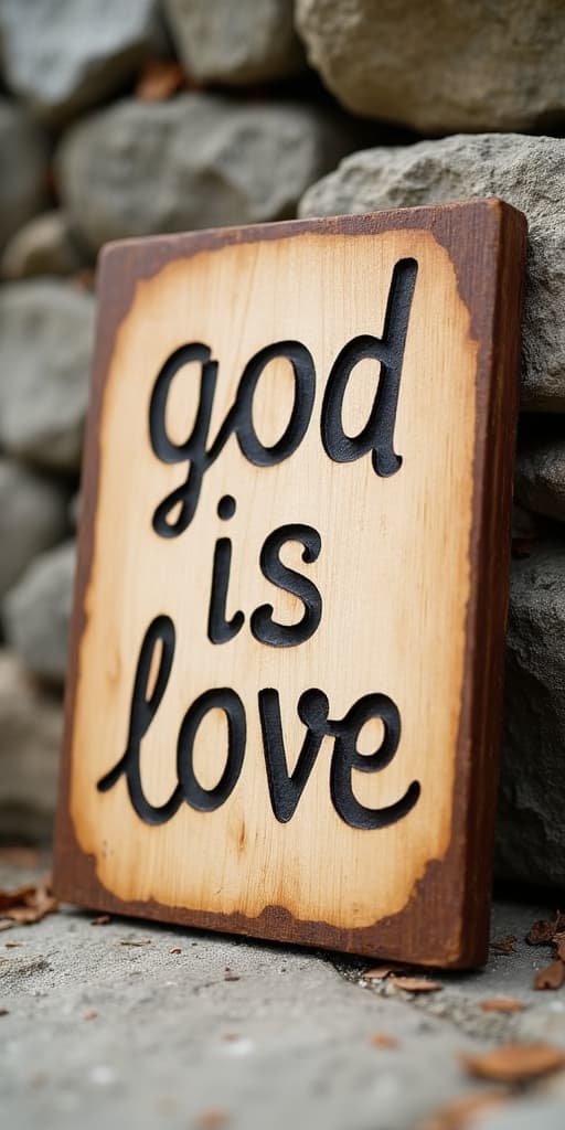  good quality, high quality, a handcrafted wooden plaque featuring the words "god is love," leaning against a stone background. focus on the text. no people.