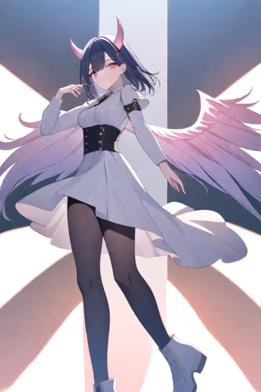  Boy, male, dark blue hair, short hair, expressionless, pink eyes, dark circles under the eyes, black angel wings, pink horns, fantasy, full body hyperrealistic, full body, detailed clothing, highly detailed, cinematic lighting, stunningly beautiful, intricate, sharp focus, f/1. 8, 85mm, (centered image composition), (professionally color graded), ((bright soft diffused light)), volumetric fog, trending on instagram, trending on tumblr, HDR 4K, 8K