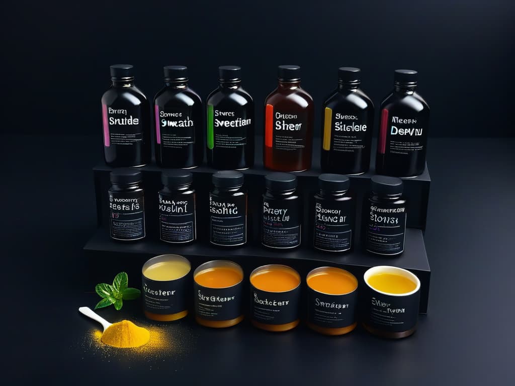  A highresolution, minimalist image showcasing a variety of lowcalorie sweeteners commonly used in conscious baking, arranged neatly on a sleek, matte black surface. Each sweetener is meticulously labeled with elegant typography, highlighting their brand names and calorie content per serving. The composition is visually striking yet sophisticated, perfectly complementing the informative and professional tone of the article. hyperrealistic, full body, detailed clothing, highly detailed, cinematic lighting, stunningly beautiful, intricate, sharp focus, f/1. 8, 85mm, (centered image composition), (professionally color graded), ((bright soft diffused light)), volumetric fog, trending on instagram, trending on tumblr, HDR 4K, 8K