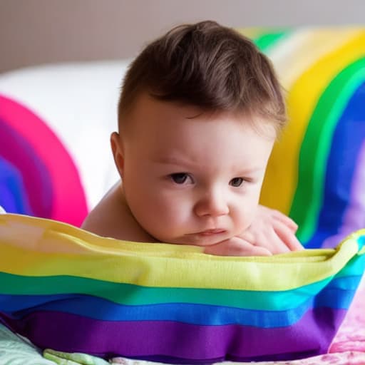   boy is showing his rainbow diaper , rainbow diaper , 3d , raindbow eyes , crouching down in couch , looking at straight camera