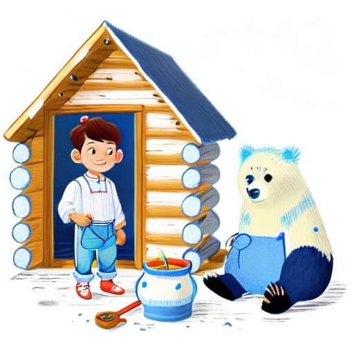  1boy, white shirt, blue jeans, in the cabin, a bear standing , vivid color, bright light