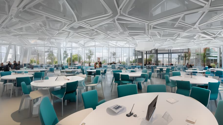 dvarchmodern Interior of an IT class in a futuristic style, in the interior, white tones and pastel blue are used. Tables are made in the form of hexagons, comfortable gaming chairs are placed at the tables, modern computers are placed on them, at the beginning of the class there is an interactive whiteboard, and next to it is a teacher's table. hyperrealistic, full body, detailed clothing, highly detailed, cinematic lighting, stunningly beautiful, intricate, sharp focus, f/1. 8, 85mm, (centered image composition), (professionally color graded), ((bright soft diffused light)), volumetric fog, trending on instagram, trending on tumblr, HDR 4K, 8K