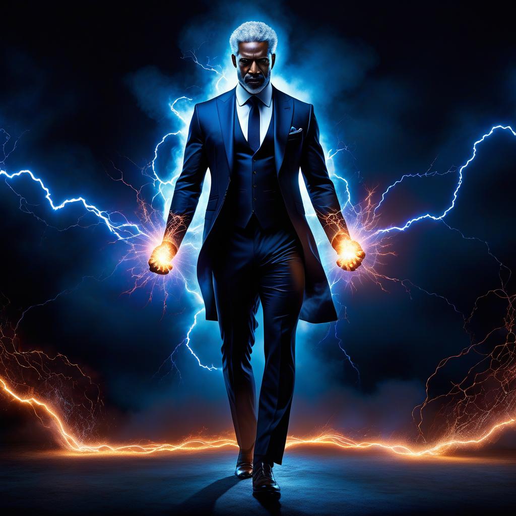  concept art Master of electromagnetic elements in the black business suit , kirlian style, crackling energy illuminating the space around him, core in deep blue tones with pulsations of electricity, ultra realistic digital painting, dramatic lighting, highly detailed, dramatic shadows. . digital artwork, illustrative, painterly, matte painting, highly detailed hyperrealistic, full body, detailed clothing, highly detailed, cinematic lighting, stunningly beautiful, intricate, sharp focus, f/1. 8, 85mm, (centered image composition), (professionally color graded), ((bright soft diffused light)), volumetric fog, trending on instagram, trending on tumblr, HDR 4K, 8K