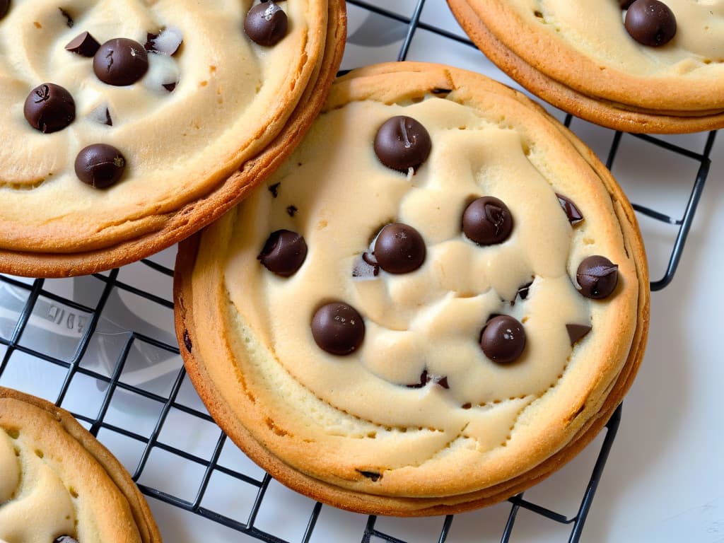  A closeup, ultradetailed image of a freshly baked batch of glutenfree chocolate chip cookies cooling on a wire rack, showcasing goldenbrown edges, melty chocolate chunks, and a sprinkle of sea salt on top. The cookies are perfectly round and textured, with a slight steam rising from them, set against a white backdrop to emphasize their warm, inviting appeal. hyperrealistic, full body, detailed clothing, highly detailed, cinematic lighting, stunningly beautiful, intricate, sharp focus, f/1. 8, 85mm, (centered image composition), (professionally color graded), ((bright soft diffused light)), volumetric fog, trending on instagram, trending on tumblr, HDR 4K, 8K