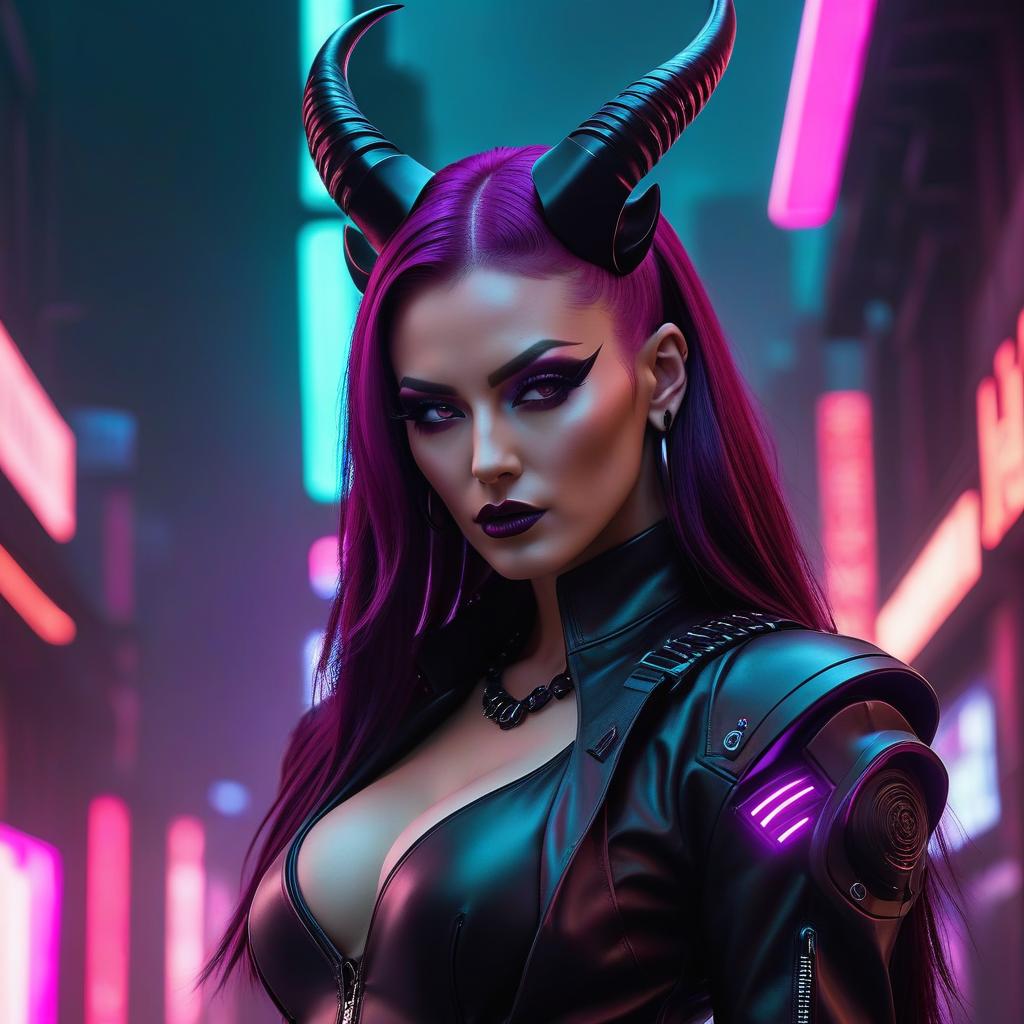  neonpunk style A European , demon with black horns, calm face, long burgundy hair, interesting makeup, dark closed attire without age, small s in the background of hell. . cyberpunk, vaporwave, neon, vibes, vint, stunningly beautiful, crisp, detailed, sleek, ultramodern, magenta highlights, dark purple shadows, high contrast, cinematic, ultra detailed, intricate, professional hyperrealistic, full body, detailed clothing, highly detailed, cinematic lighting, stunningly beautiful, intricate, sharp focus, f/1. 8, 85mm, (centered image composition), (professionally color graded), ((bright soft diffused light)), volumetric fog, trending on instagram, trending on tumblr, HDR 4K, 8K