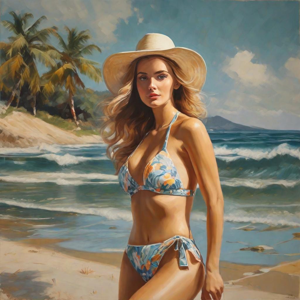  masterpiece, best quality,Draw a beautiful woman in a bikini on the beach