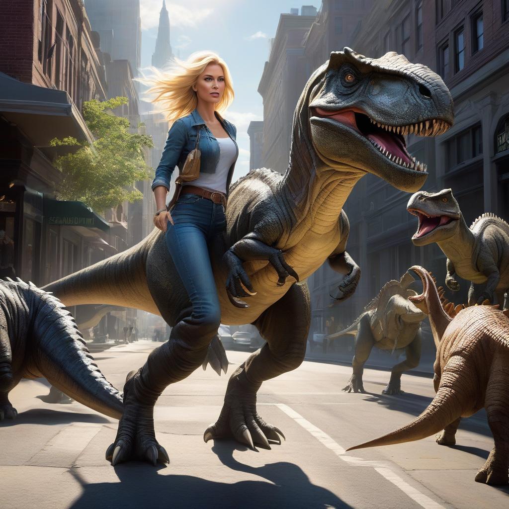  a beautiful young blonde runs down the street from a pack of dinosaurs, bright midday sunlight and harsh shadows. Artists: Michael Cormack, Greg Rutkowski. hyperrealistic, full body, detailed clothing, highly detailed, cinematic lighting, stunningly beautiful, intricate, sharp focus, f/1. 8, 85mm, (centered image composition), (professionally color graded), ((bright soft diffused light)), volumetric fog, trending on instagram, trending on tumblr, HDR 4K, 8K