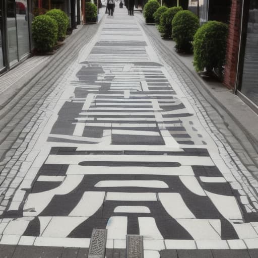  Urban sidewalk design for people without car traffic, the sidewalk walls of commercial shops are brick-faced, the path is covered with creeping plants and gardens, geometric shapes flooring with tiles