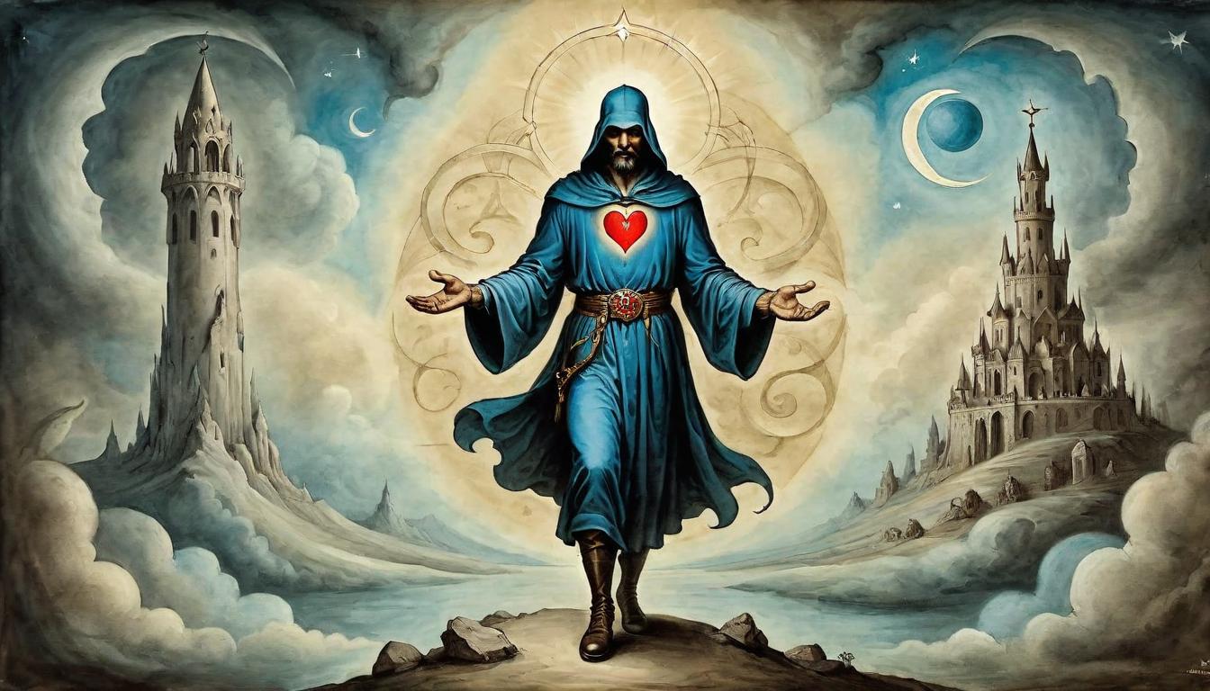  on parchment, surrealism+++, A figure with an enlightened heart, towering challenges around, power of inner belief(mysterious, provocative, symbolic,muted color)+++