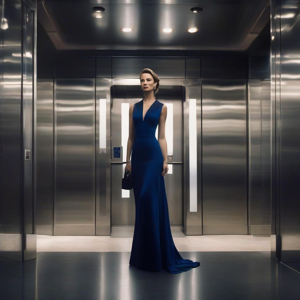  A sad beauty in a dark blue dress in the elevator in the 2010s. hyperrealistic, full body, detailed clothing, highly detailed, cinematic lighting, stunningly beautiful, intricate, sharp focus, f/1. 8, 85mm, (centered image composition), (professionally color graded), ((bright soft diffused light)), volumetric fog, trending on instagram, trending on tumblr, HDR 4K, 8K