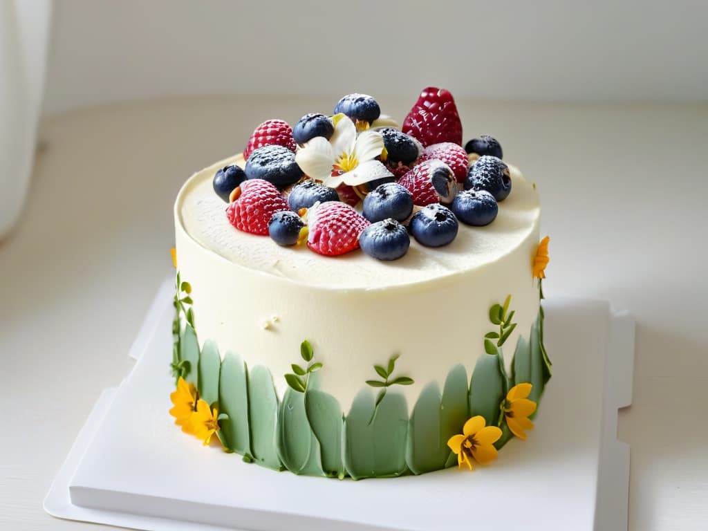  A serene, minimalist image of a beautifully decorated vegan glutenfree cake, adorned with fresh berries and delicate edible flowers, set against a simple, elegant white backdrop. The cake exudes elegance and creativity, showcasing intricate piping work and meticulous attention to detail, making it a true masterpiece of vegan glutenfree baking artistry. hyperrealistic, full body, detailed clothing, highly detailed, cinematic lighting, stunningly beautiful, intricate, sharp focus, f/1. 8, 85mm, (centered image composition), (professionally color graded), ((bright soft diffused light)), volumetric fog, trending on instagram, trending on tumblr, HDR 4K, 8K