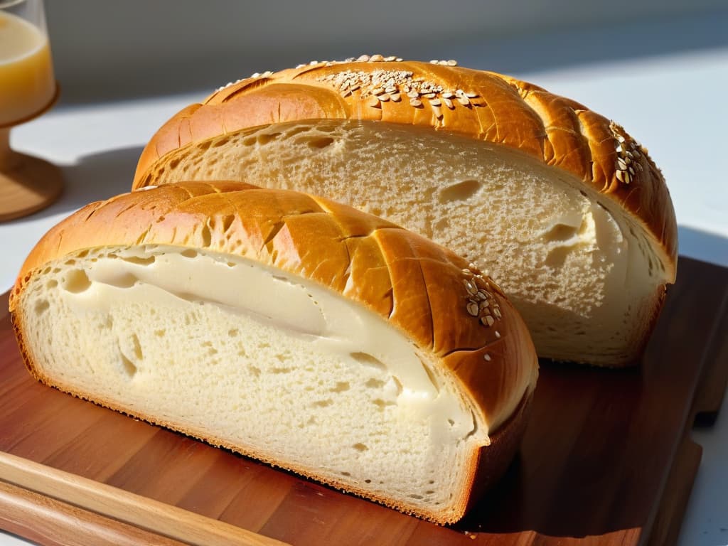  An ultradetailed image of two halves of freshly baked bread side by side, one made with masa madre and the other with commercial yeast. The bread slices are intricately detailed, showcasing the differences in texture, crumb structure, and crust appearance between the two types of leavening agents. The lighting is soft, highlighting the golden hues of the crust and the airy, delicate crumb of the masa madre bread, contrasting with the more uniform crumb of the commercial yeast loaf. The minimalist composition focuses solely on the bread, emphasizing the impact of leavening agents on the final texture of the bread. hyperrealistic, full body, detailed clothing, highly detailed, cinematic lighting, stunningly beautiful, intricate, sharp focus, f/1. 8, 85mm, (centered image composition), (professionally color graded), ((bright soft diffused light)), volumetric fog, trending on instagram, trending on tumblr, HDR 4K, 8K