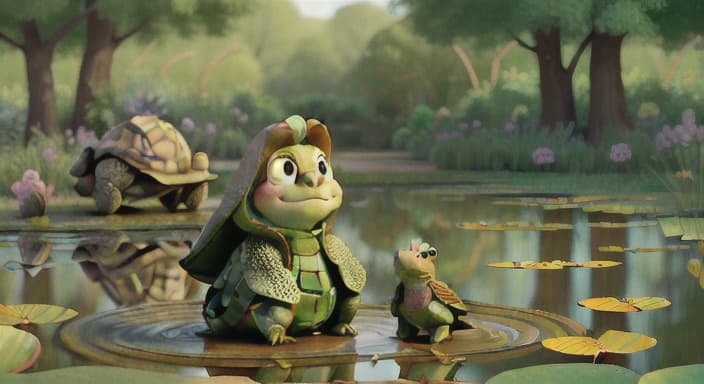  {Grace and the tortoise sitting by a pond, gazing out., The tortoise had a wrinkled shell and a calm demeanor.