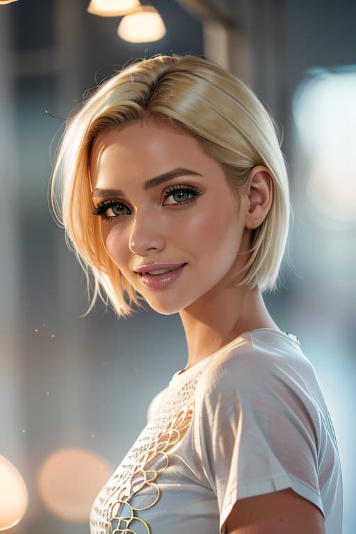  1girl,1girl,blonde short hair,straight hair,upper body shot,shirt,smile hyperrealistic, full body, detailed clothing, highly detailed, cinematic lighting, stunningly beautiful, intricate, sharp focus, f/1. 8, 85mm, (centered image composition), (professionally color graded), ((bright soft diffused light)), volumetric fog, trending on instagram, trending on tumblr, HDR 4K, 8K